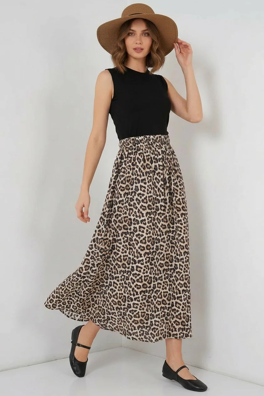Kadın Leopar Desenli Kahverengi Etek