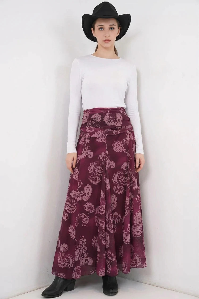 Kadın Desenli Şifon Bordo Etek