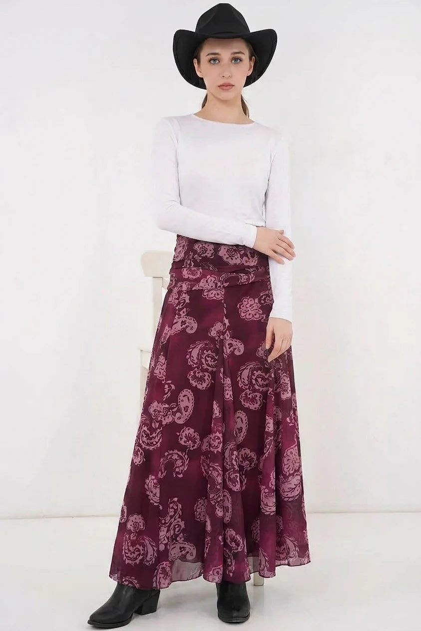 Kadın Desenli Şifon Bordo Etek