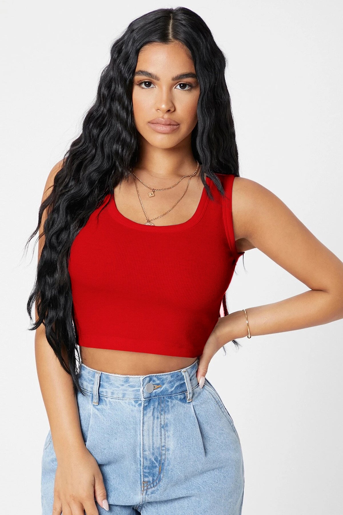 Kadın Kırmızı Kare Yaka Crop Top Bluz