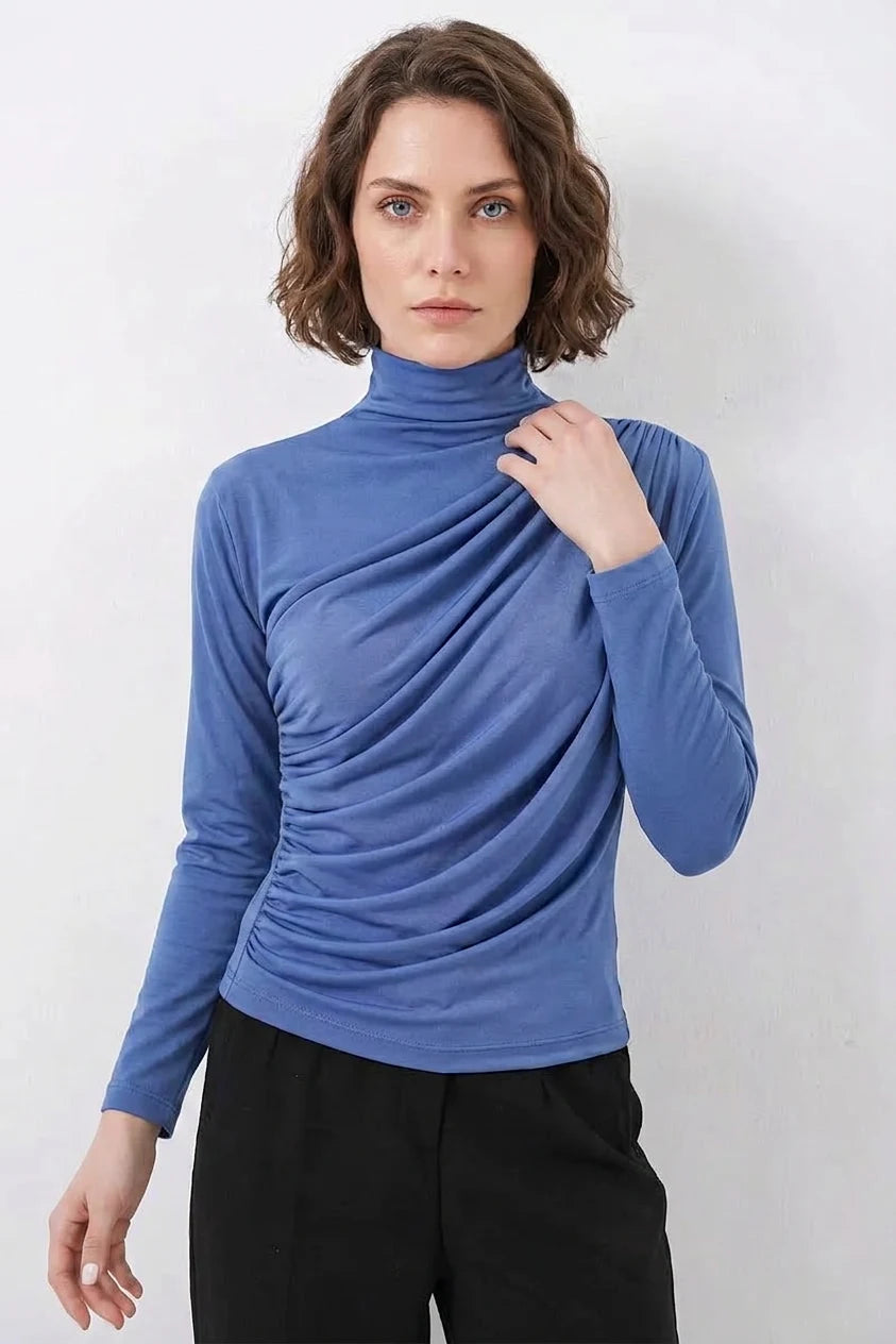 Kadın Balıkçı Yaka Büzgülü Detay İndigo Bluz