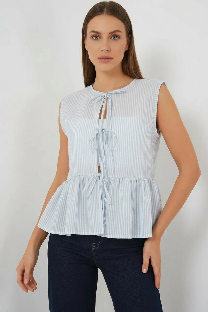 Kadın Yuvarlak Yaka Büzgülü Önü Bağlamalı Çizgili Pamuklu Mavi Bluz