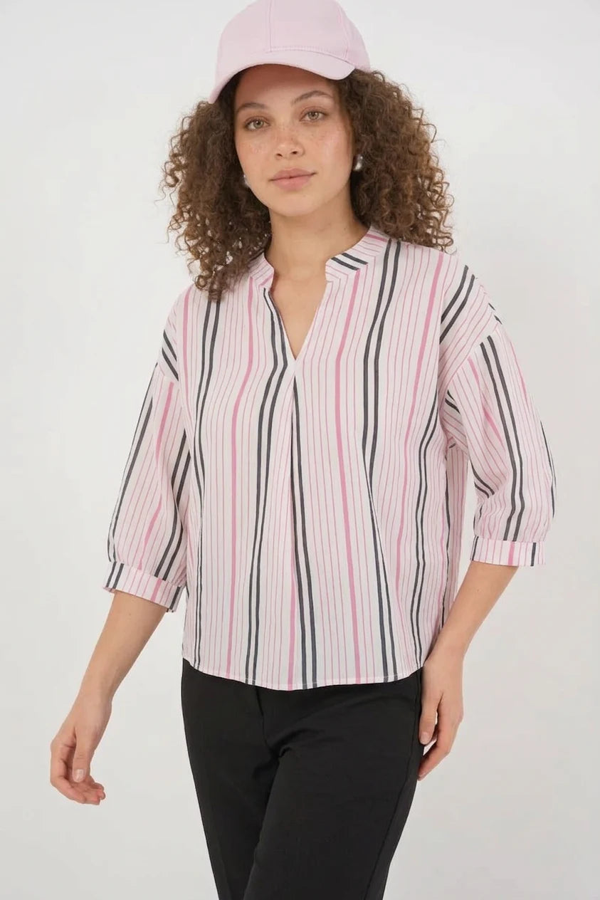 Kadın V Yaka Oversize Çizgili Viskon Pembe Bluz