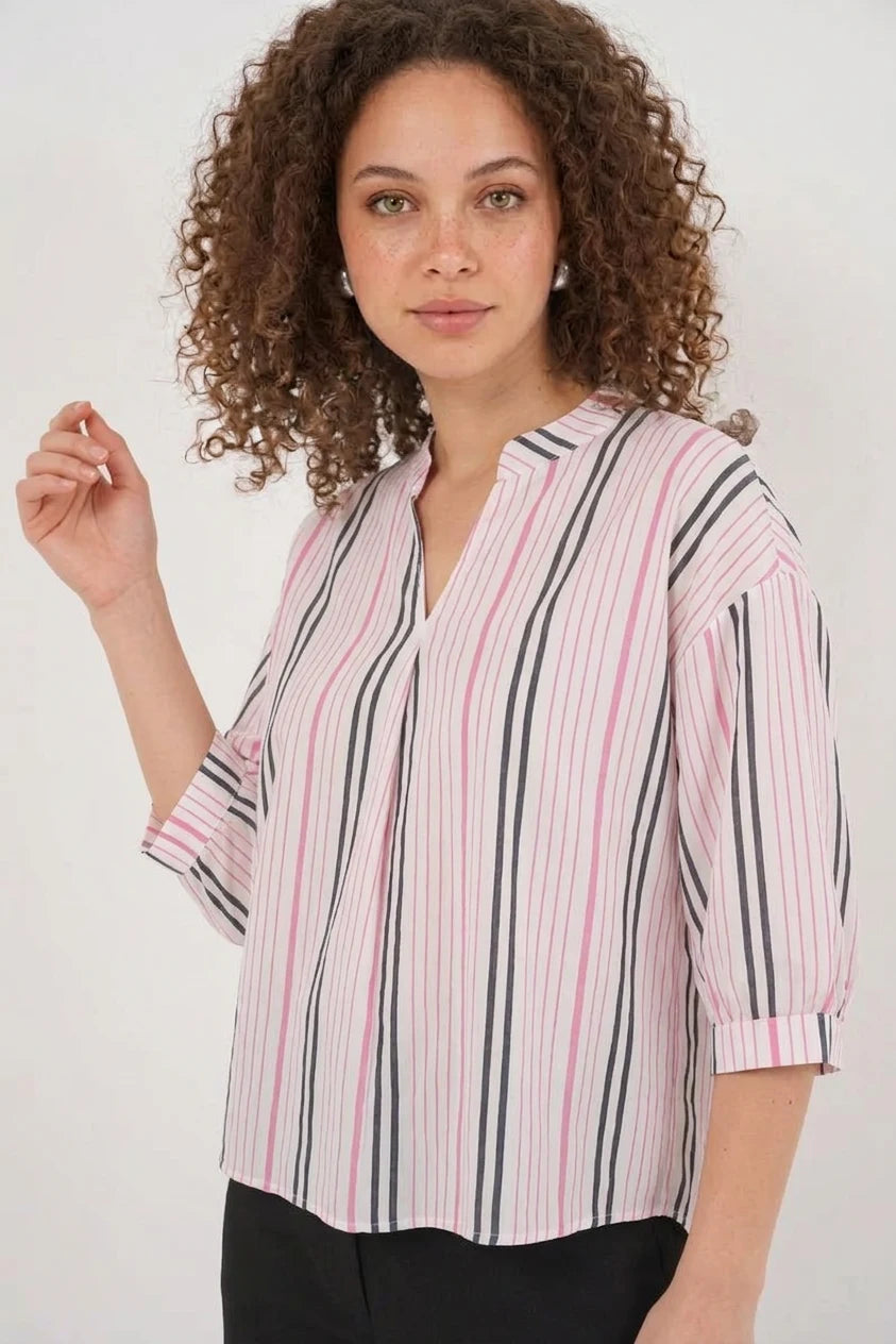 Kadın V Yaka Oversize Çizgili Viskon Pembe Bluz