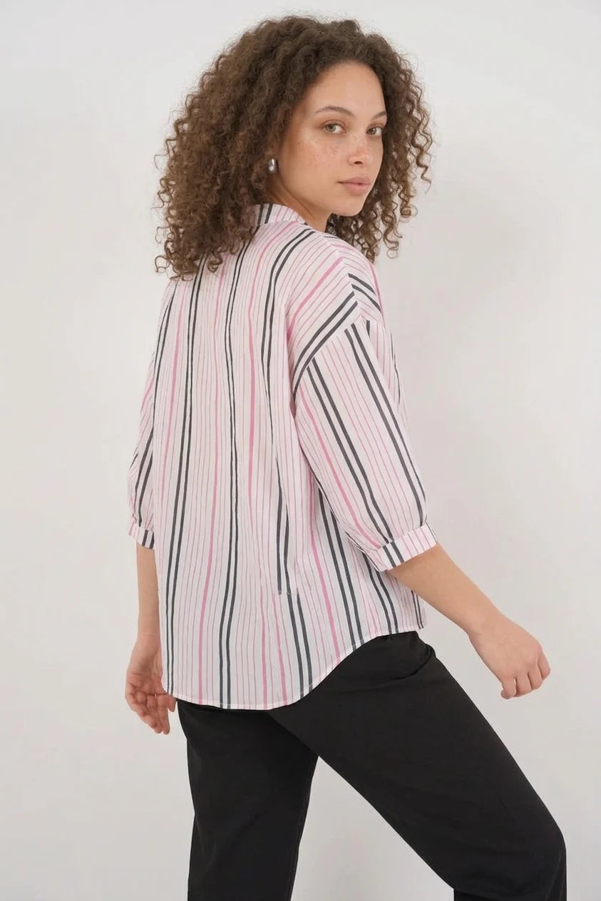 Kadın V Yaka Oversize Çizgili Viskon Pembe Bluz