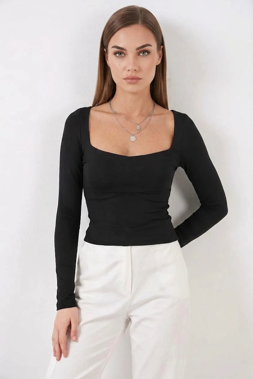 Kadın Kare Yaka Slim Fit Uzun Kol Siyah Bluz