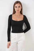 Kadın Kare Yaka Slim Fit Uzun Kol Siyah Bluz
