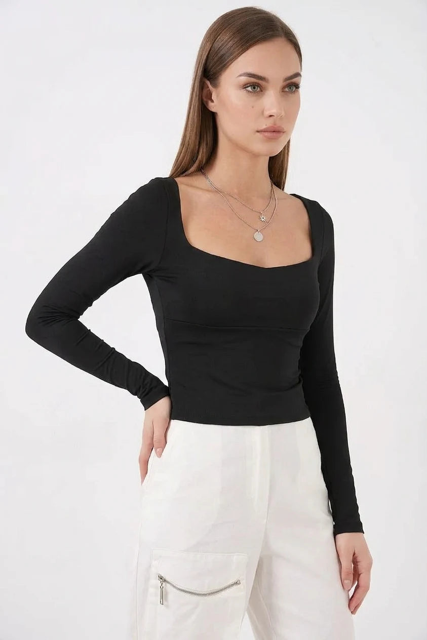 Kadın Kare Yaka Slim Fit Uzun Kol Siyah Bluz