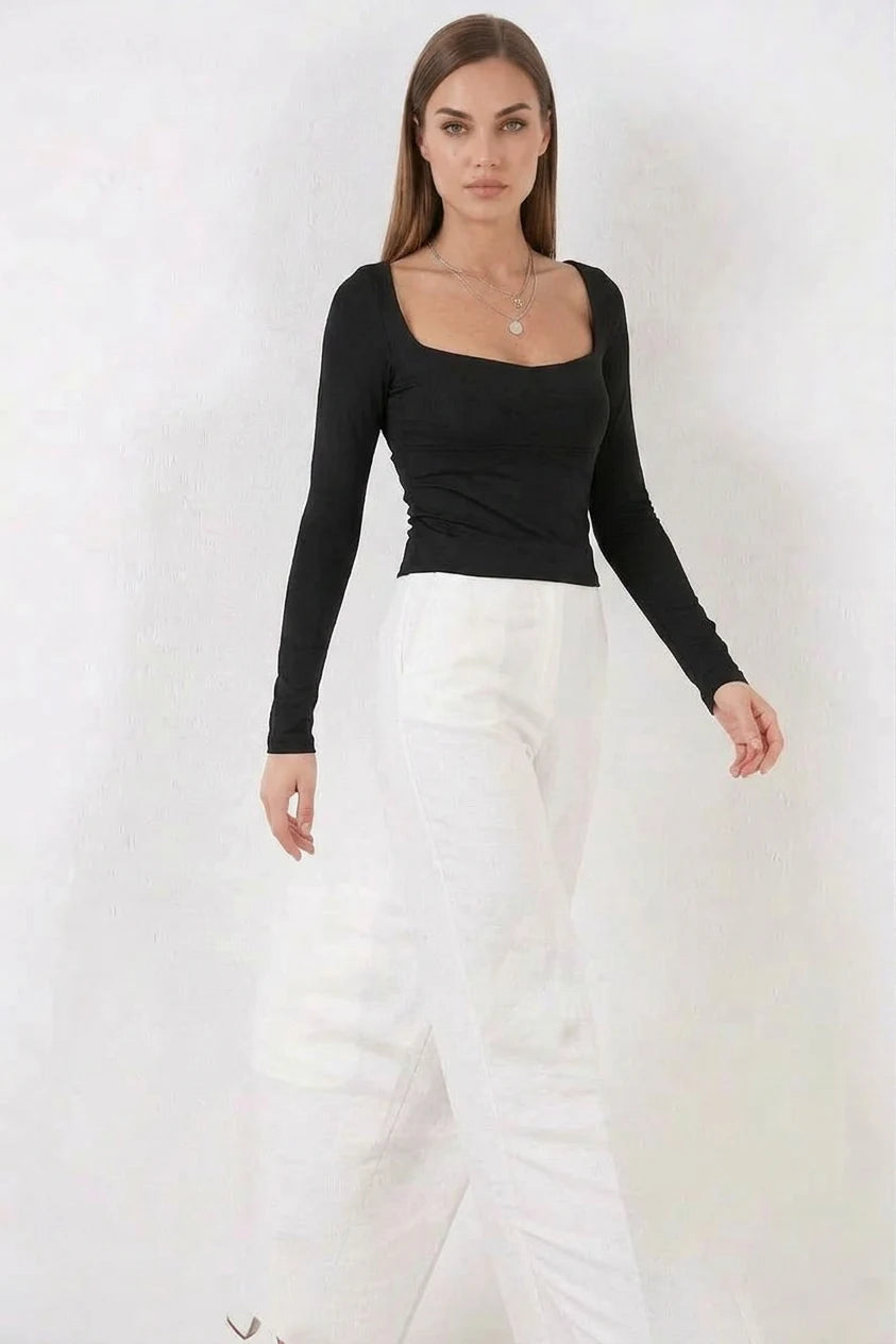 Kadın Kare Yaka Slim Fit Uzun Kol Siyah Bluz
