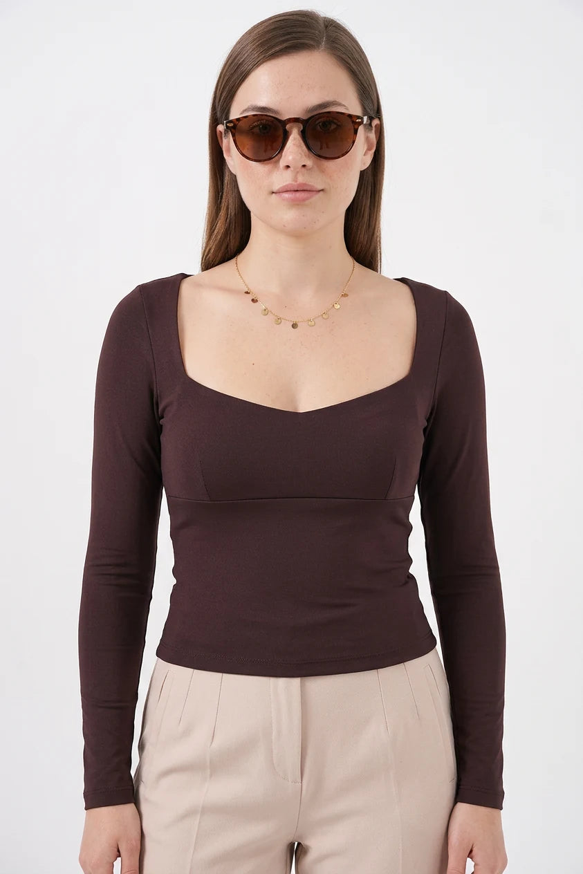 Kadın Kare Yaka Slim Fit Kahverengi Bluz