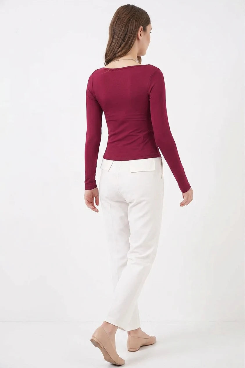Kadın Kare Yaka Slim Fit Bordo Bluz