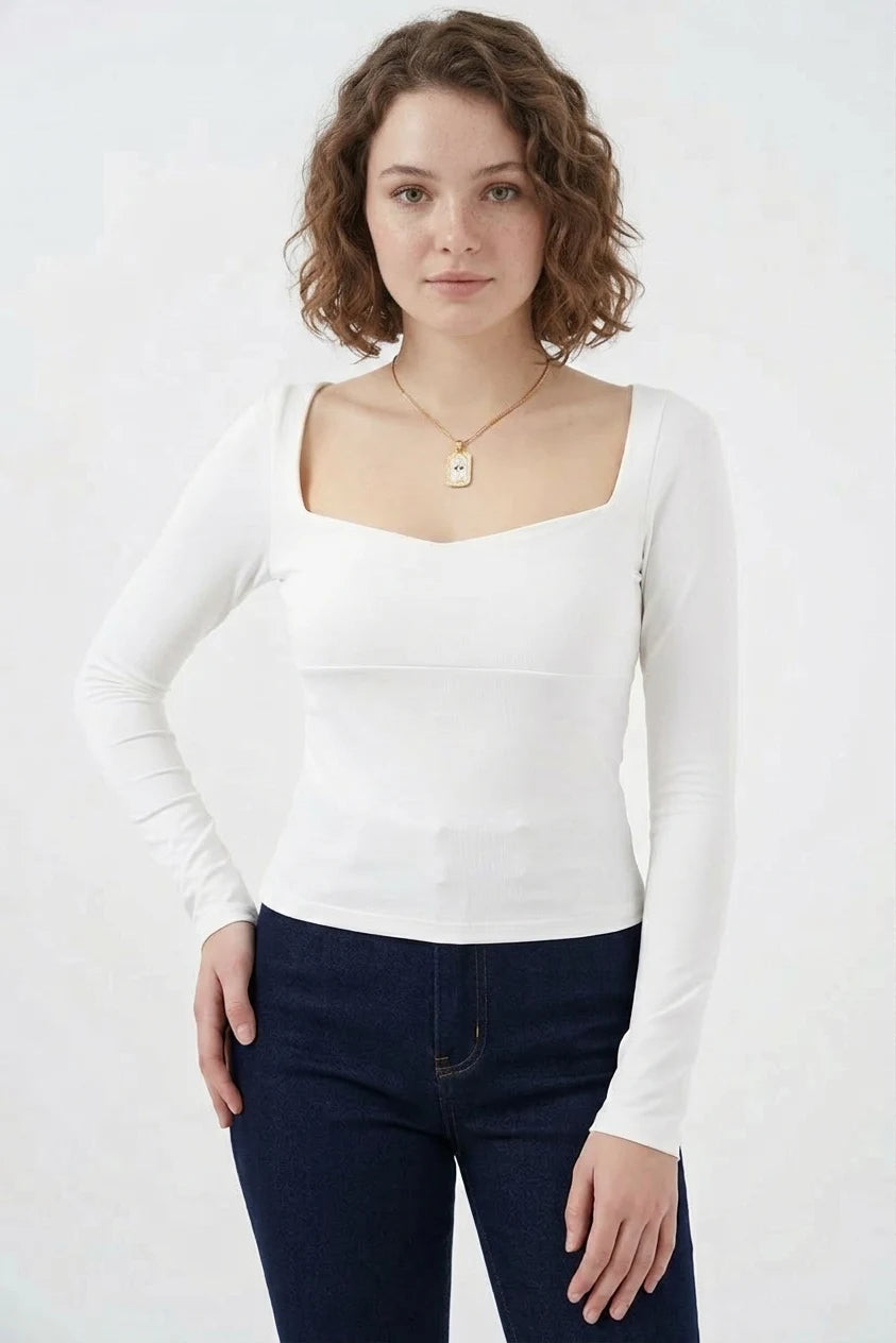 Kadın Kare Yaka Slim Fit Uzun Kol Beyaz Bluz