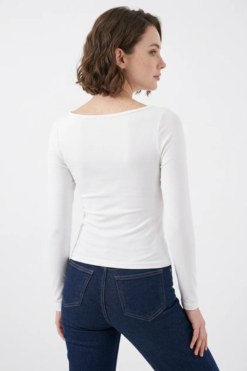 Kadın Kare Yaka Slim Fit Uzun Kol Beyaz Bluz