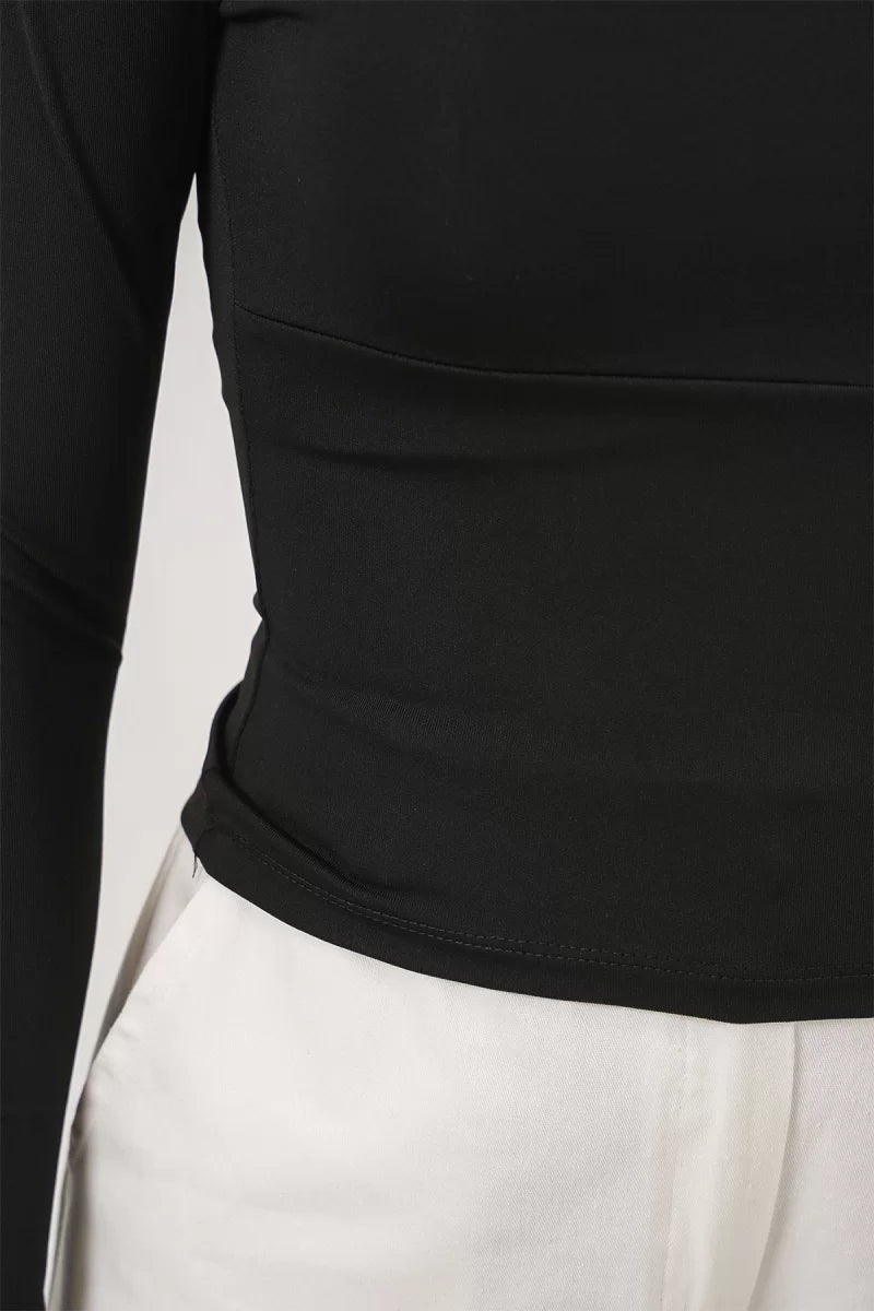 Kadın Kare Yaka Slim Fit Uzun Kol Siyah Bluz