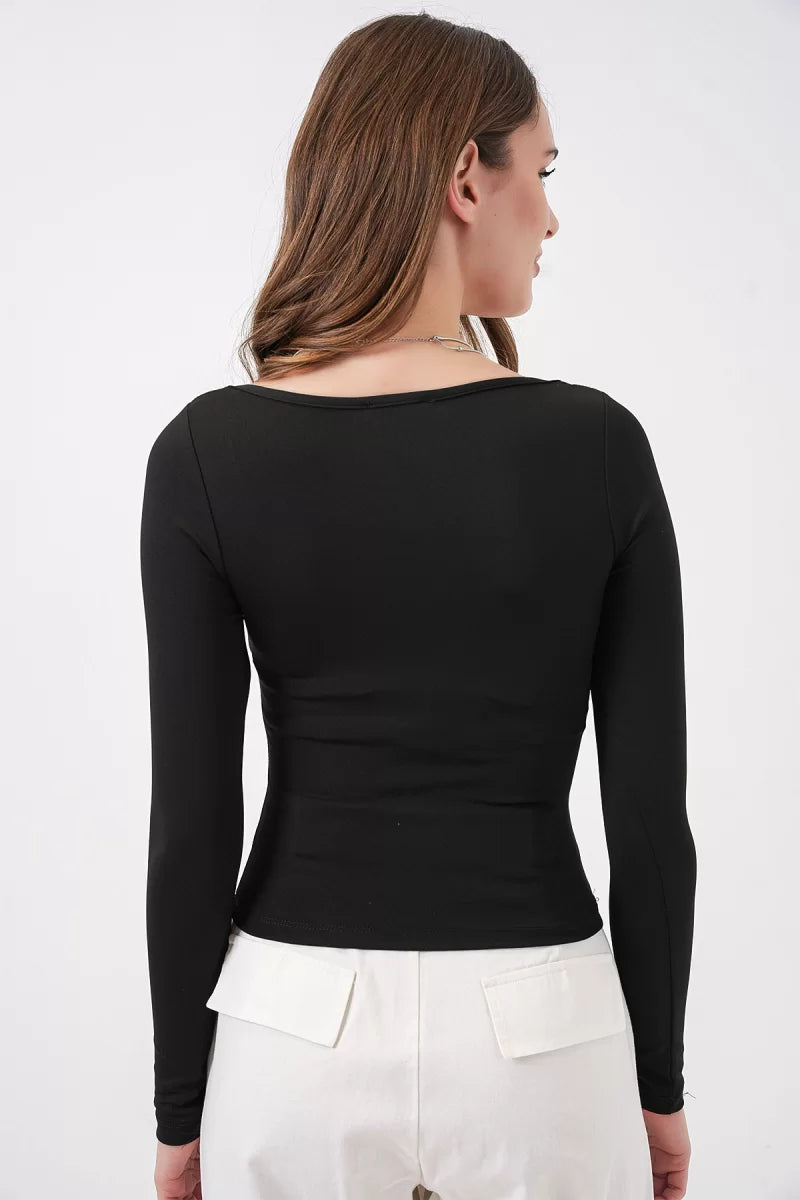 Kadın Kare Yaka Slim Fit Uzun Kol Siyah Bluz