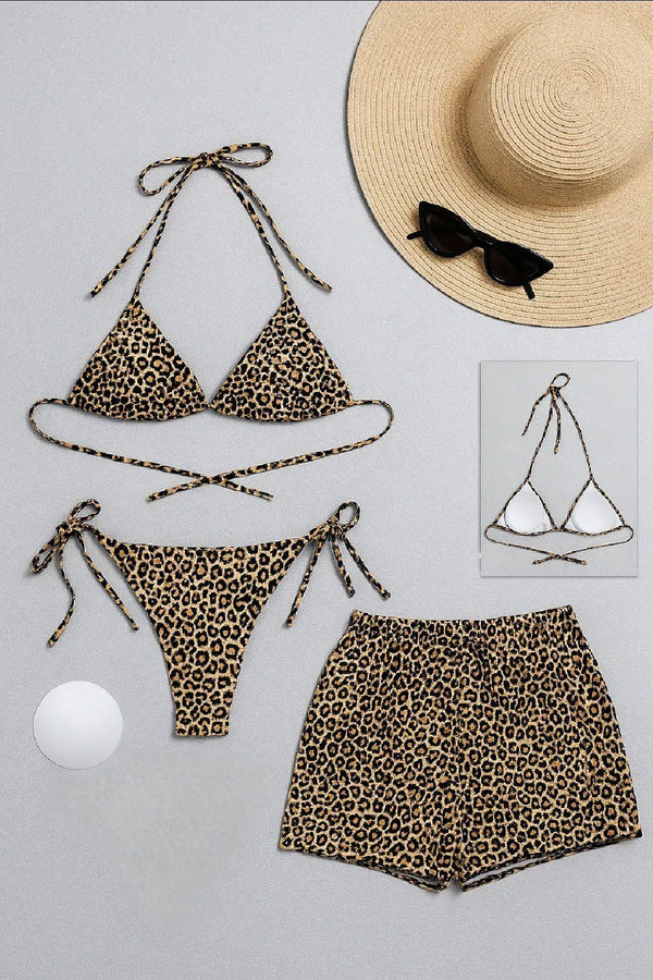 Kadın 3'lü Set Leopar Desenli Şortlu ve Yandan Bağlamalı Bikini Mayo Takımı