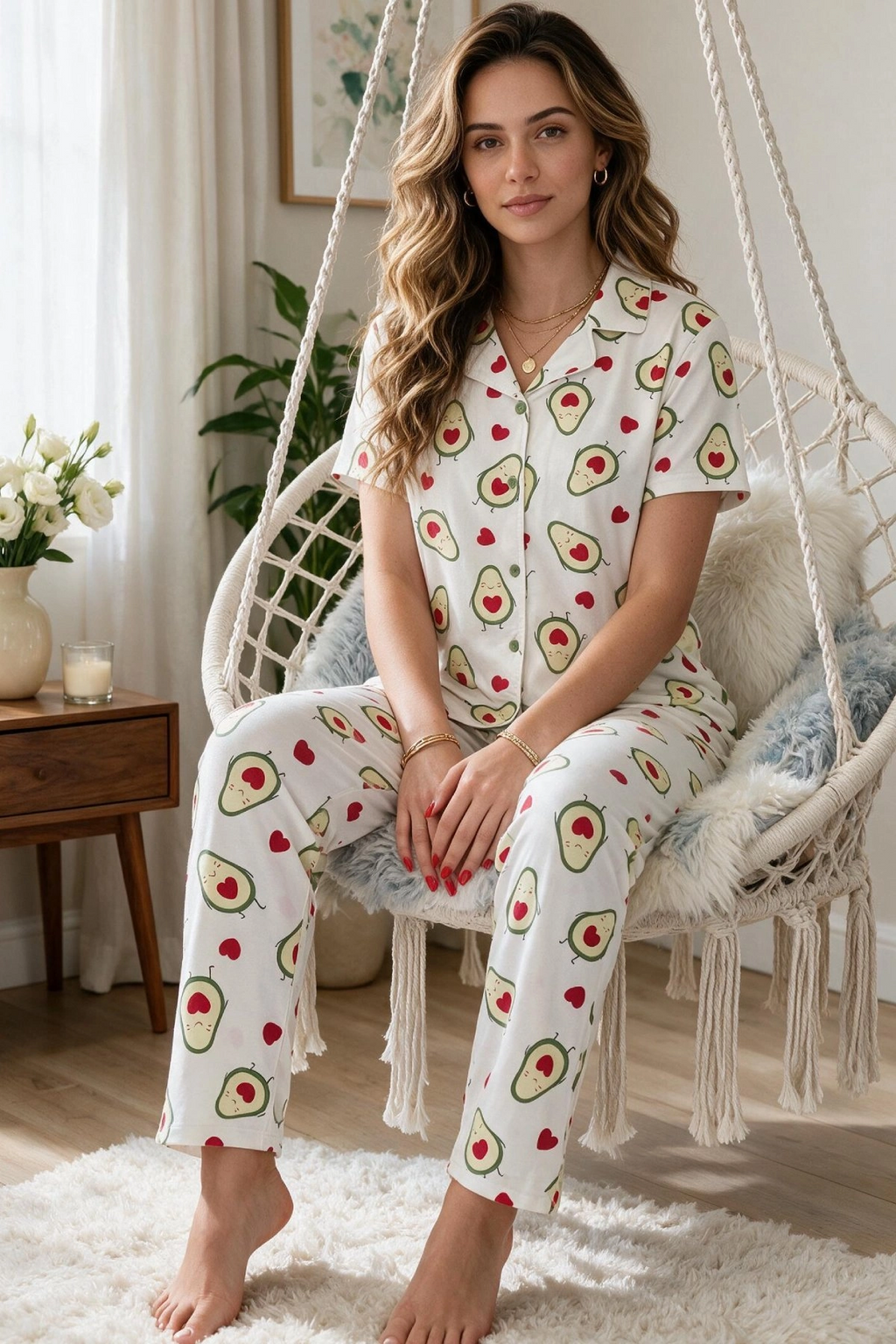 Avokado Desenli Kısa Kollu Gömlek Yaka Milan Kumaş Kadın Pijama Takımı