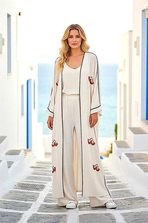 Bej Turuncu Nakışlı Keten Kimono Pantolon Takım