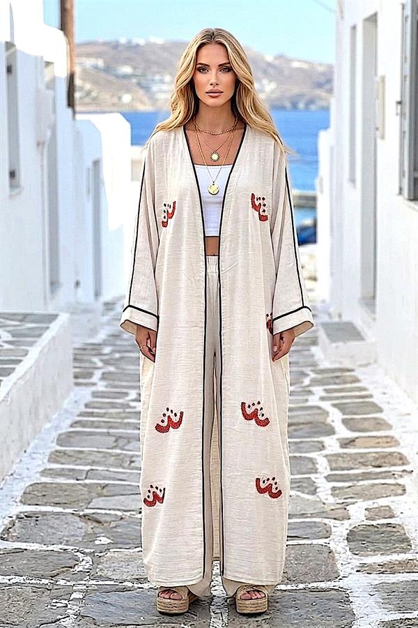 Bej Turuncu Nakışlı Keten Kimono Pantolon Takım