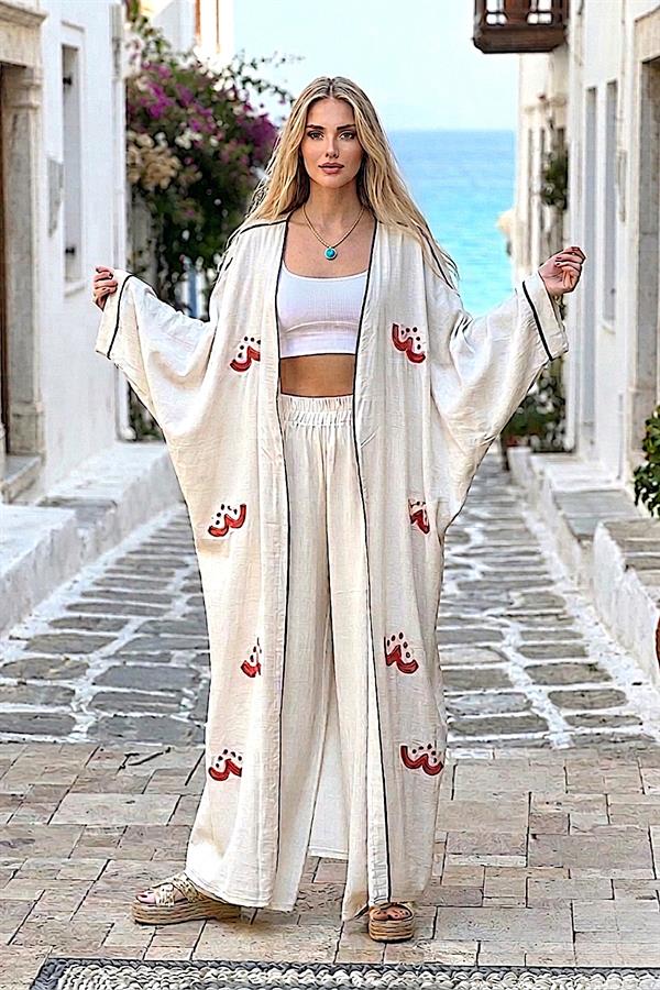 Bej Turuncu Nakışlı Keten Kimono Pantolon Takım