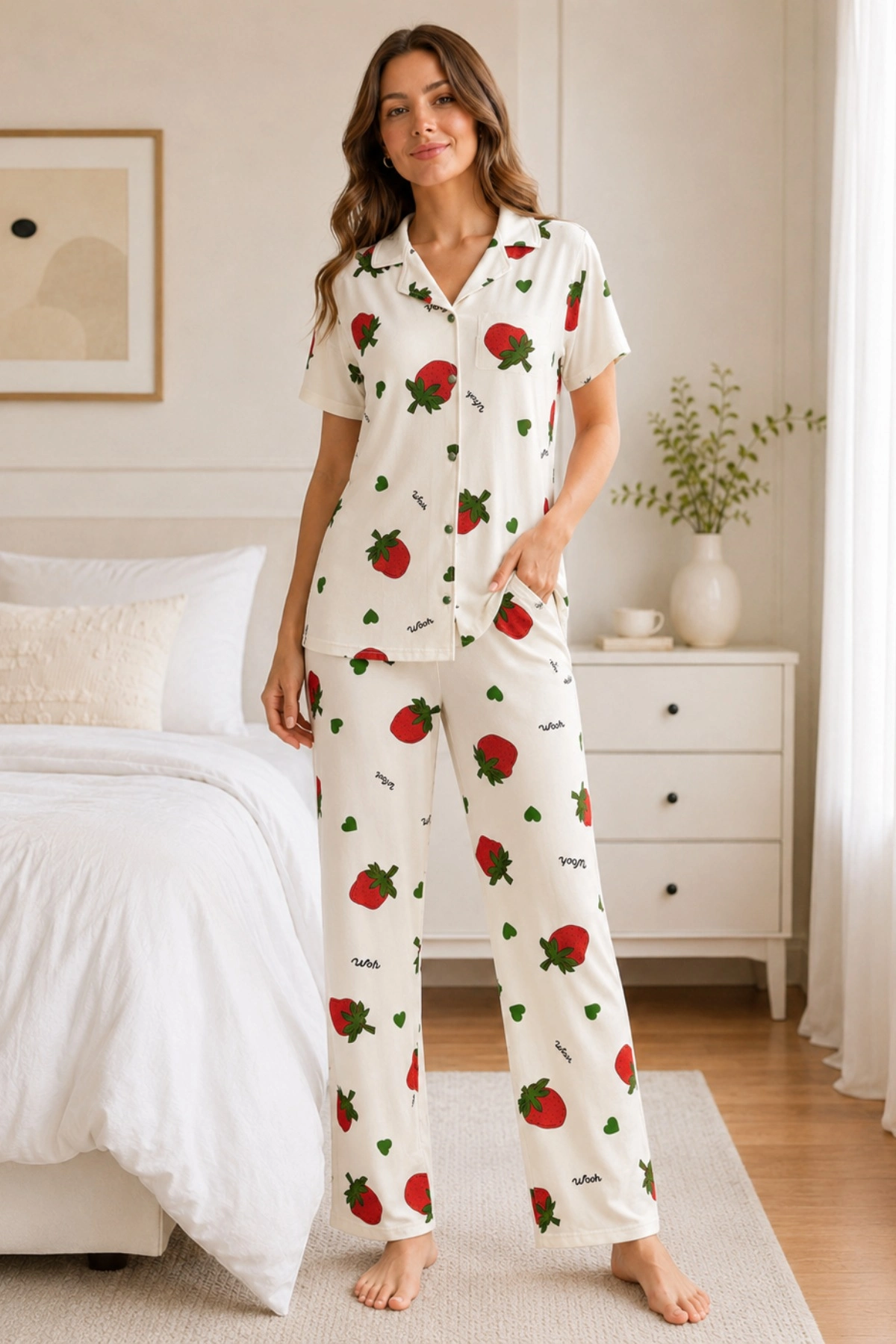Ekru Çilek Desenli Kısa Kollu Gömlek Yaka Milan Kumaş Kadın Pijama Takımı
