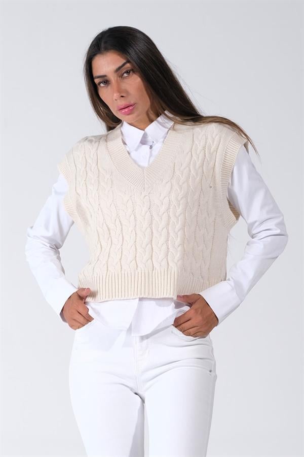 Beyaz V Yaka Crop Saç Örgü Triko Süveter