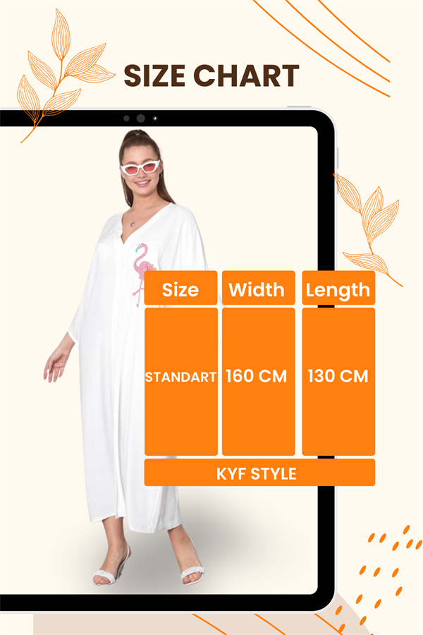 Beyaz V Yaka Önü Ve Sırtı Flamingo Nakışlı Cepli Oversize Uzun Gömlek Elbise