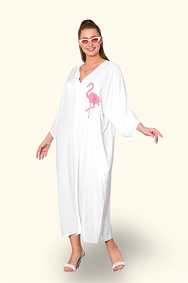 Beyaz V Yaka Önü Ve Sırtı Flamingo Nakışlı Cepli Oversize Uzun Gömlek Elbise