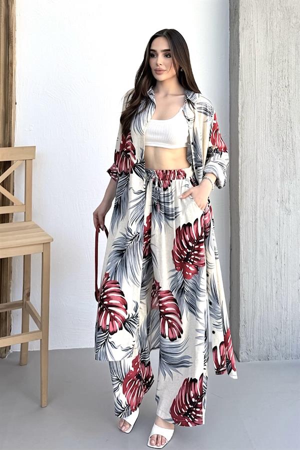 Bordo Desenli Cepli Beli Lastikli Gömlek Pantolon Kaftan Takım