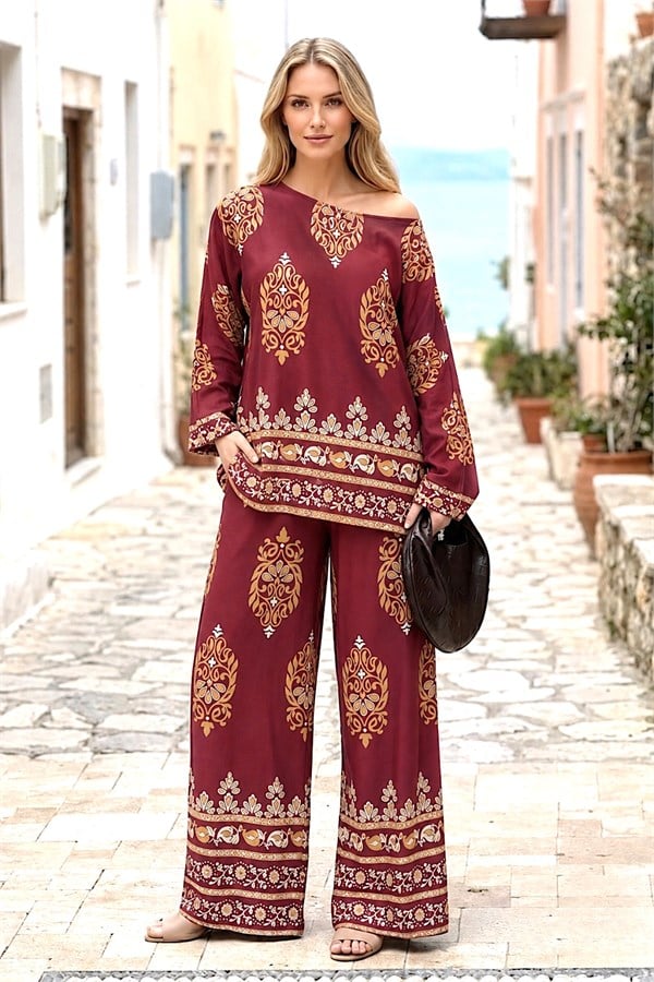 Bordo Otantik Desenli Pantolon Bluz Takım