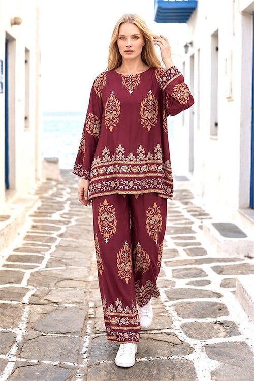 Bordo Otantik Desenli Pantolon Bluz Takım - 1 Beden