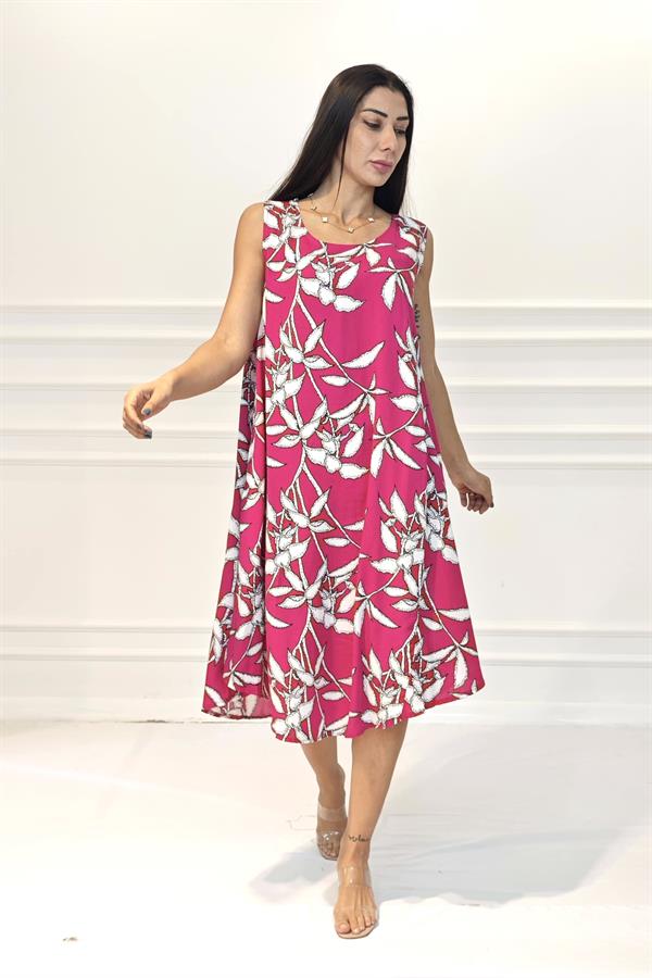 Fuşya Çiçekli U Yaka Askılı Midi Elbise