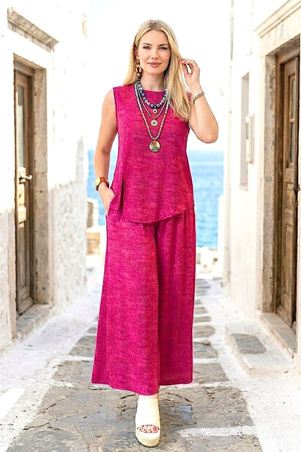 Fuşya Kırçıllı Pantolon Bluz İkili Takım