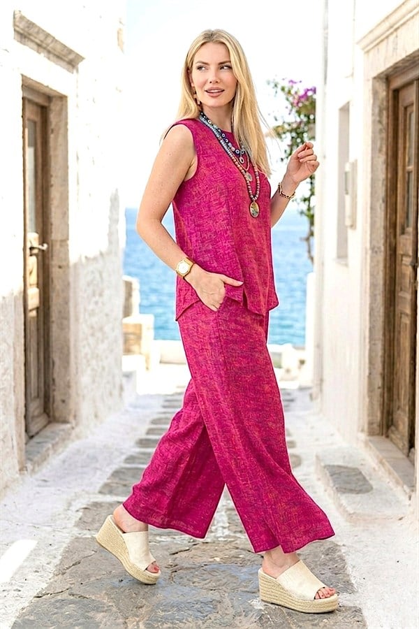 Fuşya Kırçıllı Pantolon Bluz İkili Takım