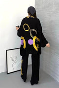 Gold Siyah Sırtı Ve Pantolonu Desenli Tunik Bluz Pantolon Üçlü Takım
