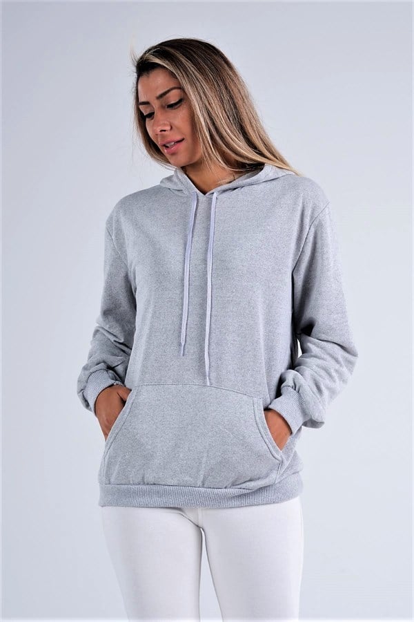 Gri Kapüşonlu Kanguru Cepli Şardonlu Sweatshirt