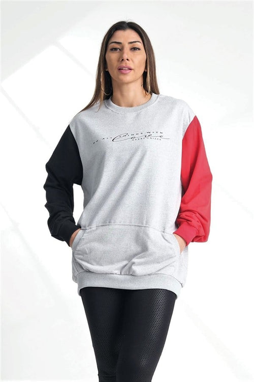 Gri Kolları Garnili Kanguru Cepli Sweatshirt - S