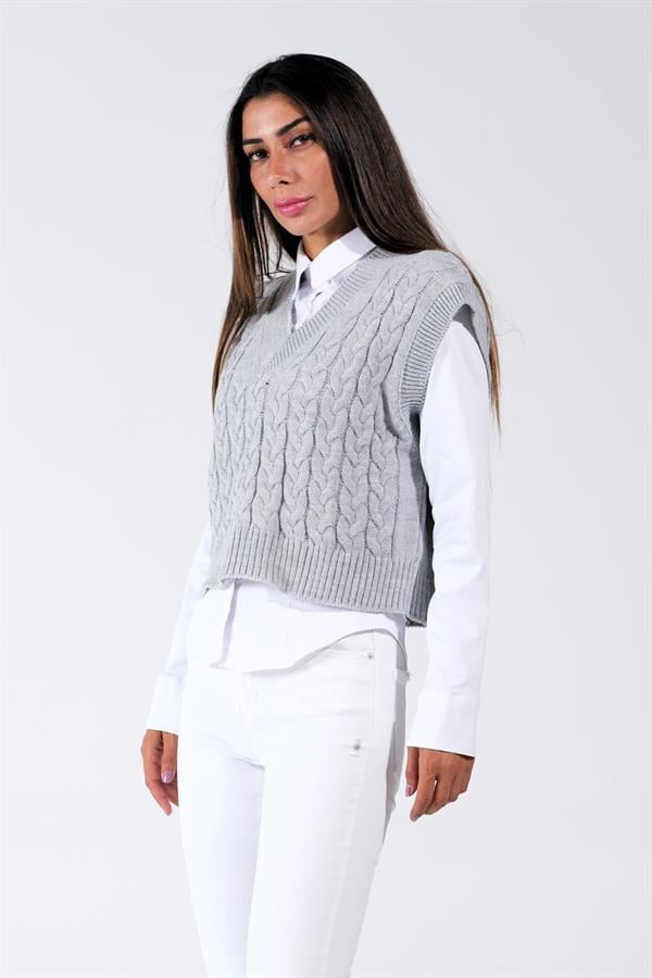 Gri V Yaka Crop Saç Örgü Triko Süveter
