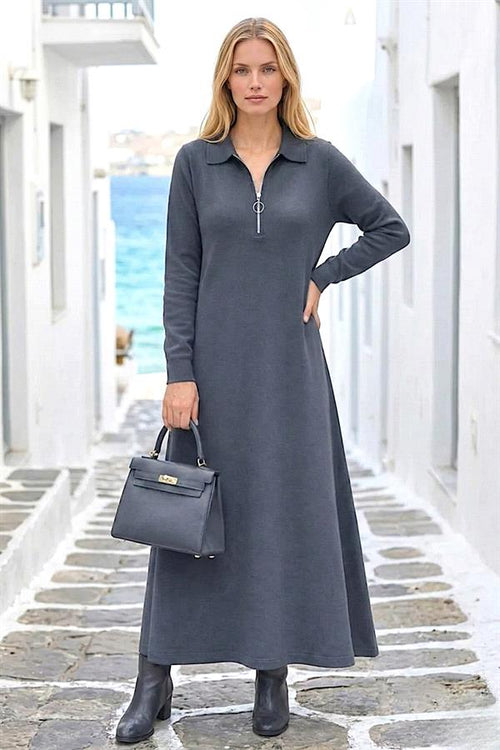 Gri Yaka Farmuarlı Modal Uzun Elbise - 38-40