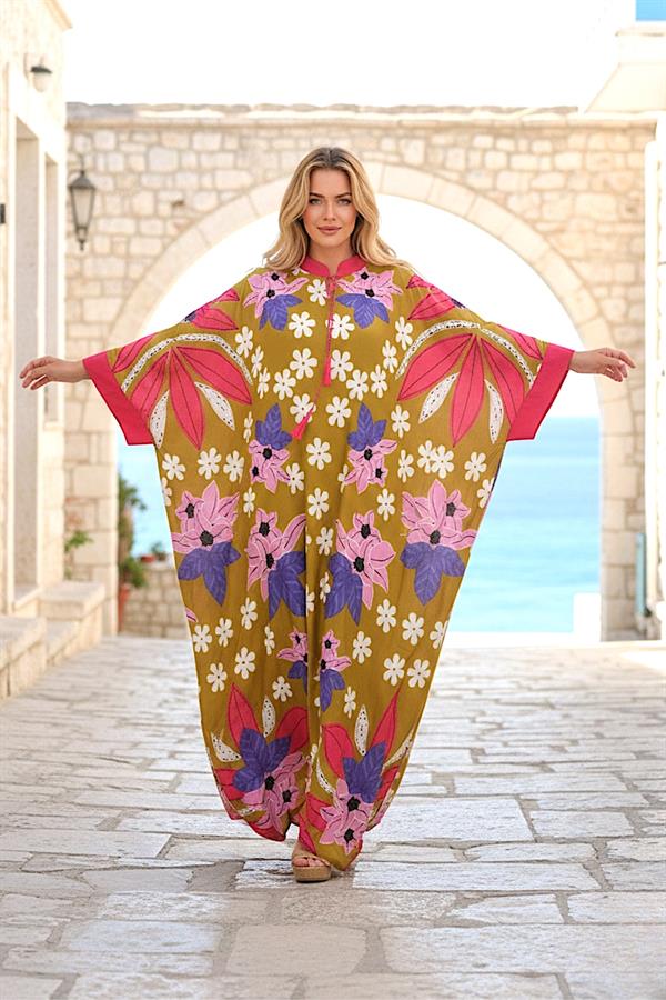 Hardal Rengi Çiçekli Sıfır Yaka Yarasa Kollu Oversize Uzun Elbise