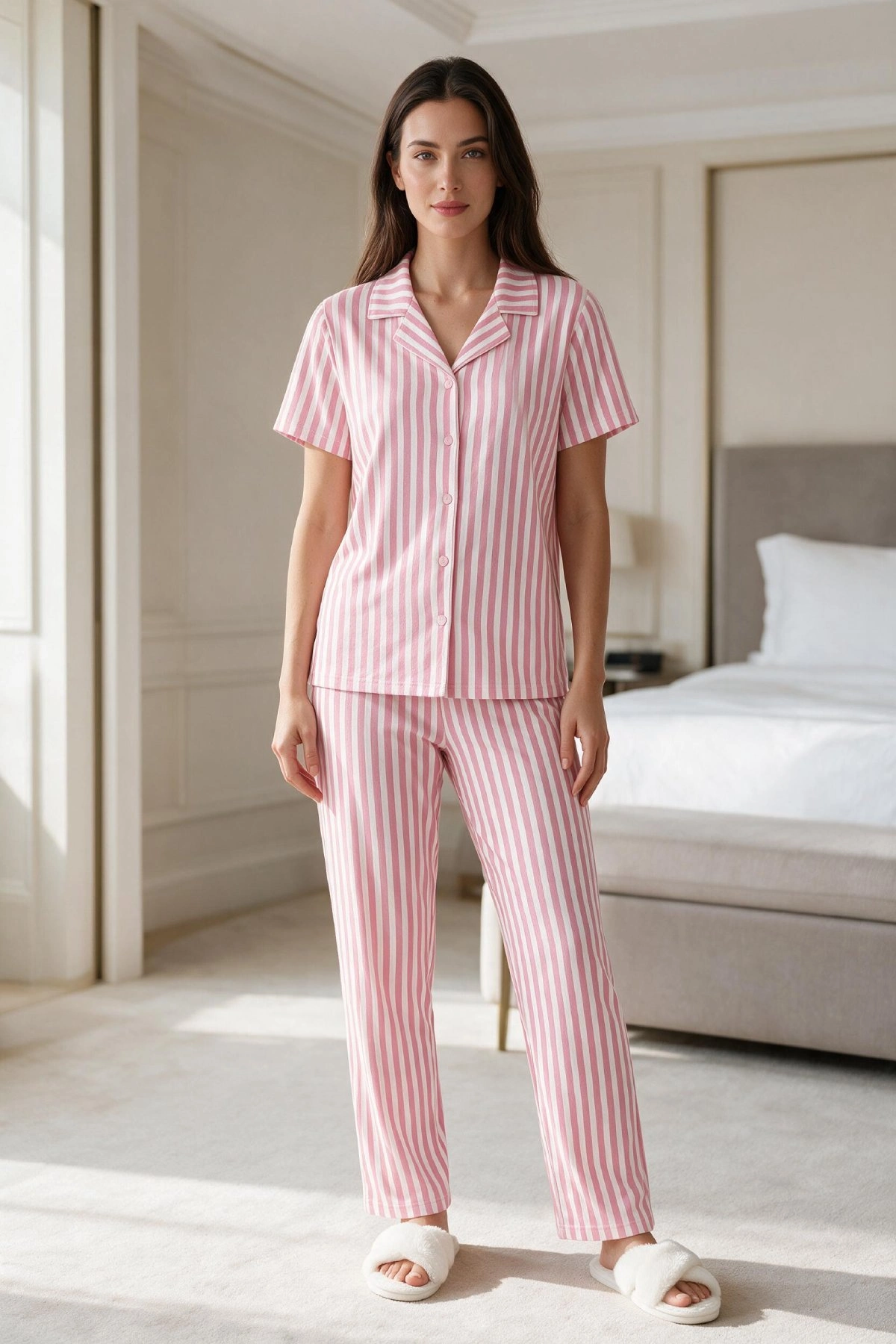 Kadın Pembe Beyaz Çizgili Kısa Kollu Düğmeli Milan Kumaş Pijama Takımı