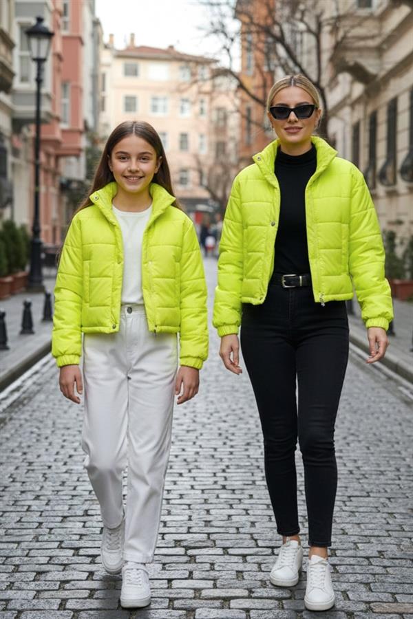 Kız Çocuk Neon Yeşil Çıtçıtlı Fermuarlı Şişme Mont