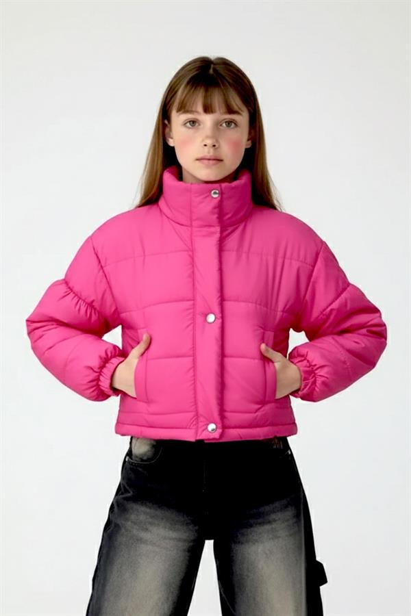 Kız Çocuk Pembe Çıtçıtlı Fermuarlı Şişme Mont