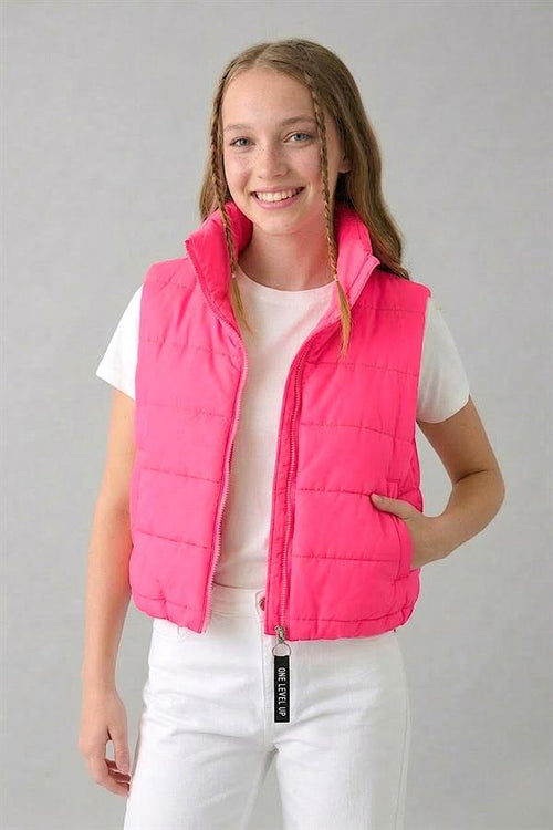 Kız Çocuk Pembe Sırtı Taş Baskılı Dik Yaka Şişme Yelek - 10-11 Yaş