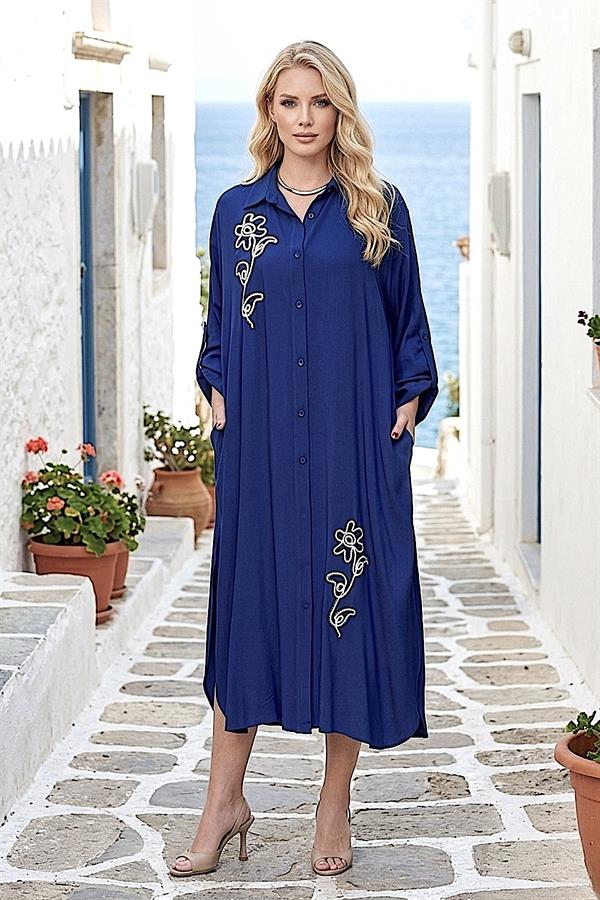 Lacivert Çiçek Nakışlı Gömlek Elbise Pantolon Takım