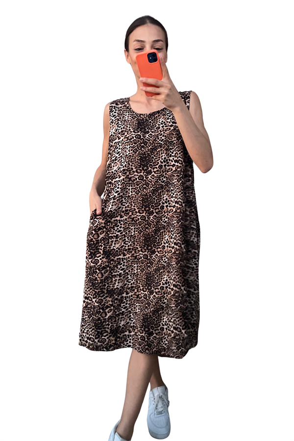 Leopar Desenli Kalın Askılı Cepli Midi Elbise