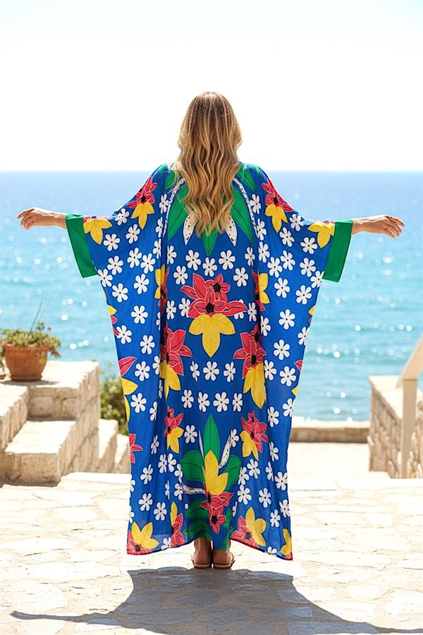 Mavi Çiçekli Sıfır Yaka Yarasa Kollu Oversize Uzun Elbise