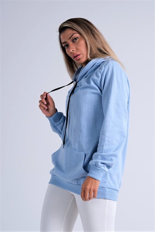 Mavi Kapüşonlu Kanguru Cepli Şardonlu Sweatshirt