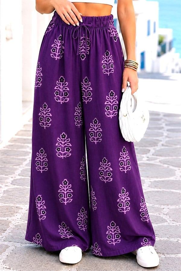 Mor Desenli Salaş Pantolon