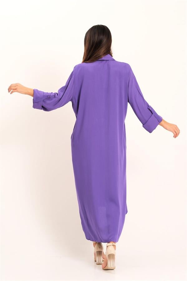 Mor Önü Pul Payet Aplike Nakışlı Kolu Apoletli Uzun Gömlek Elbise